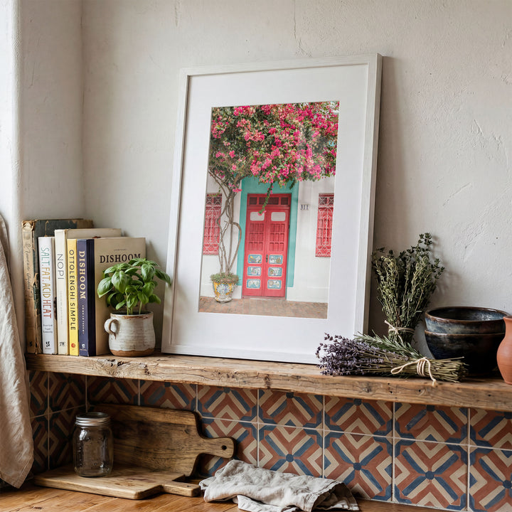 Bougainvillea and Red Door, Olinda, Brazil framed print in a decorated room