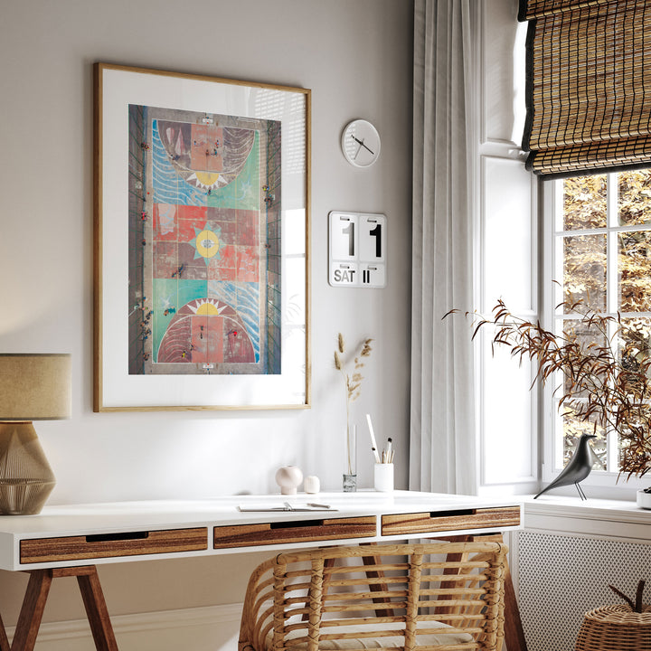 Painted Basketball Court from Above, Brazil framed print hanging in a styled interior