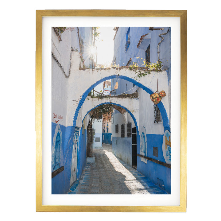 Blue Archways, Chefchaouen, Morocco print in a gold frame with white mat