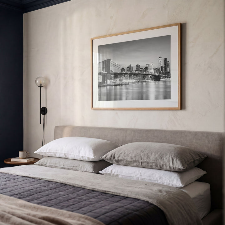 Brooklyn Bridge and Skyline at Dusk, New York City – B&amp;W framed print styled on the wall
