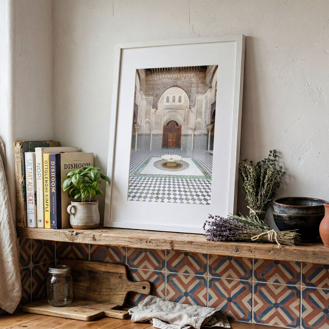 Madrasa Courtyard, Fes, Morocco framed print in a decorated room