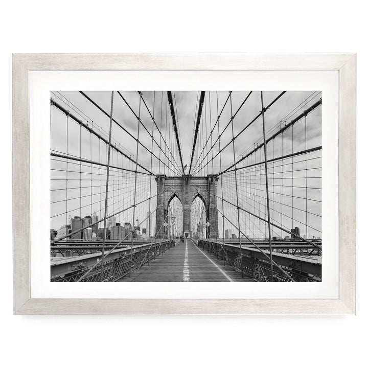 Brooklyn Bridge Walkway, New York City – B&amp;W print in a silver frame with white mat