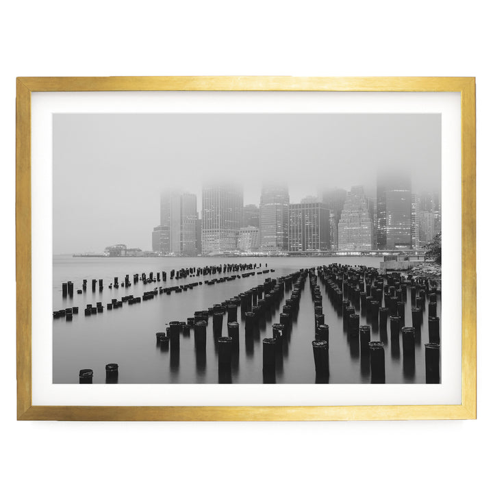 Foggy Manhattan Skyline, New York City – B&amp;W print in a gold frame with white mat