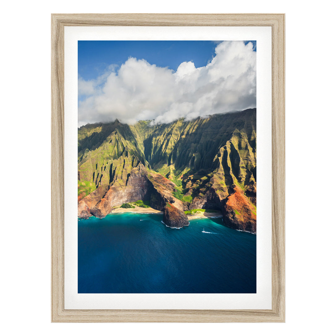 Kauai Cliffs II, Na Pali Coast, Hawaii fine art print in a natural wood frame with white mat