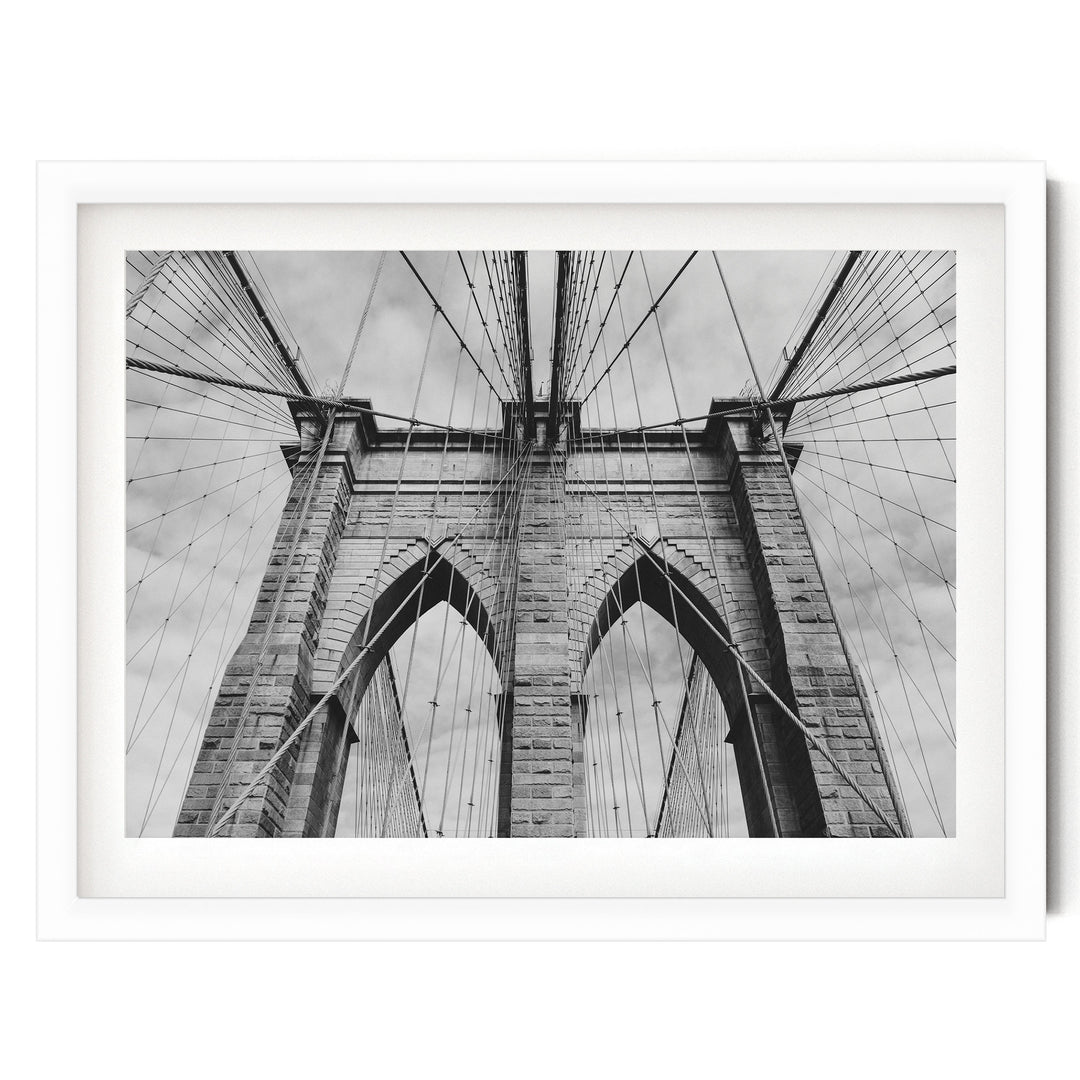 Brooklyn Bridge Tower, New York City – B&amp;W print in a white frame with white mat