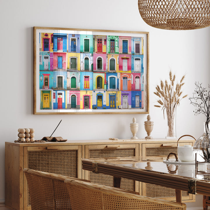 Colorful Doors of Brazil II framed print hanging in a styled interior