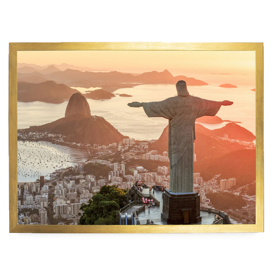 Christ the Redeemer at Golden Hour, Rio de Janeiro, Brazil print in a gold frame without mat