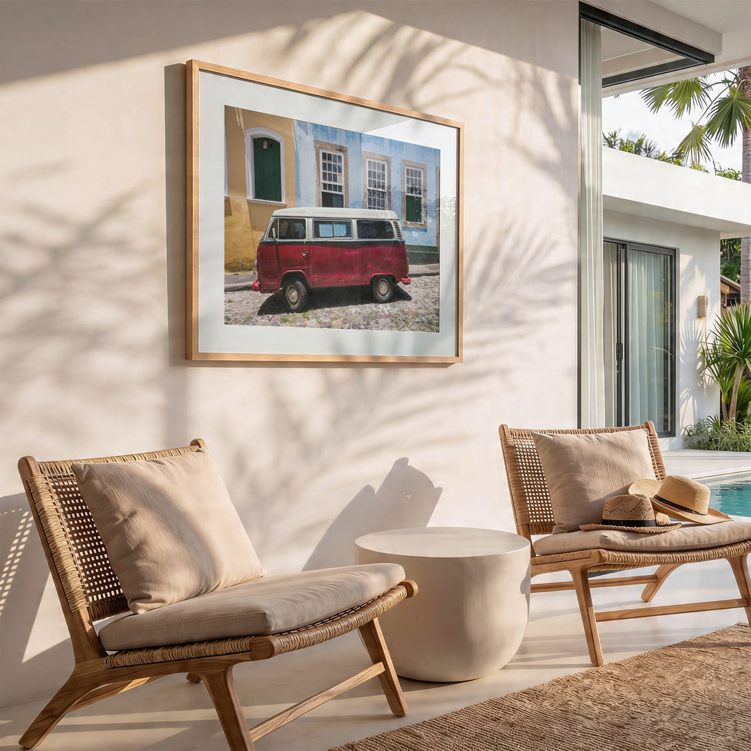Red Kombi Van, Pelourinho, Salvador, Brazil wall art in a modern interior