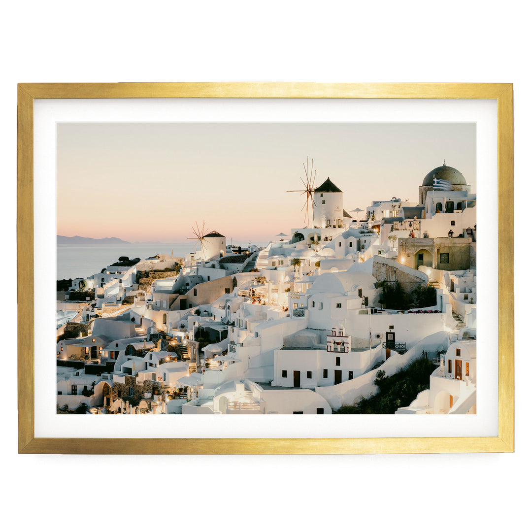 Sunset in Oia IV, Santorini, Greece print in a gold frame with white mat