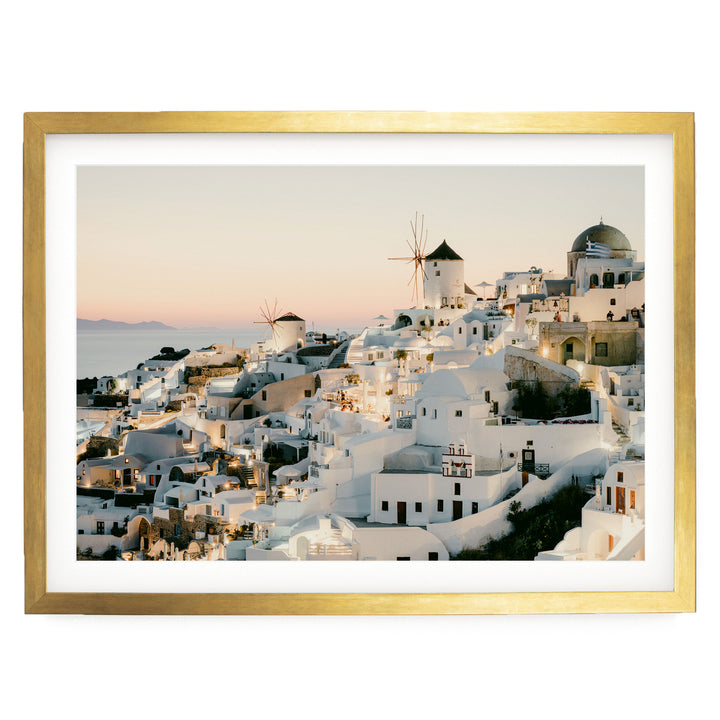 Sunset in Oia IV, Santorini, Greece print in a gold frame with white mat