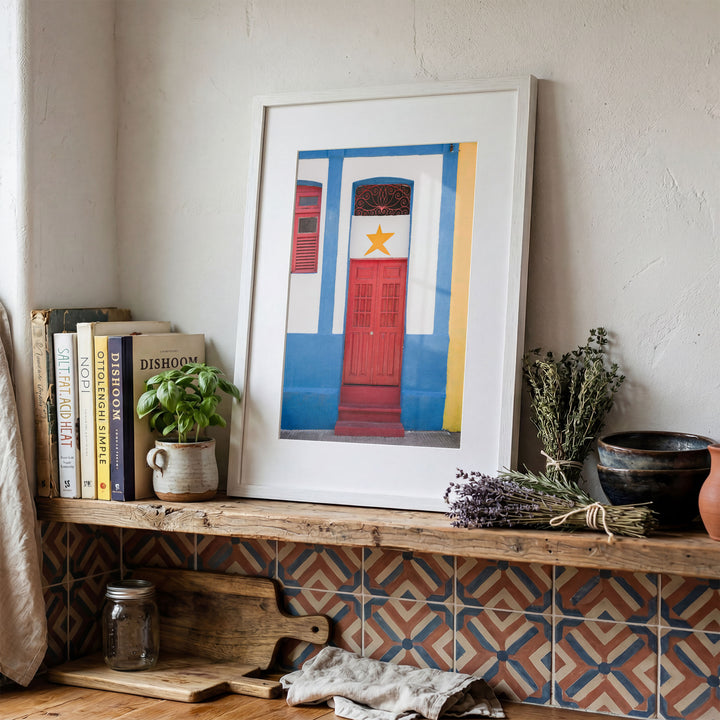 Red Door with Yellow Star, Olinda, Brazil framed print in a decorated room