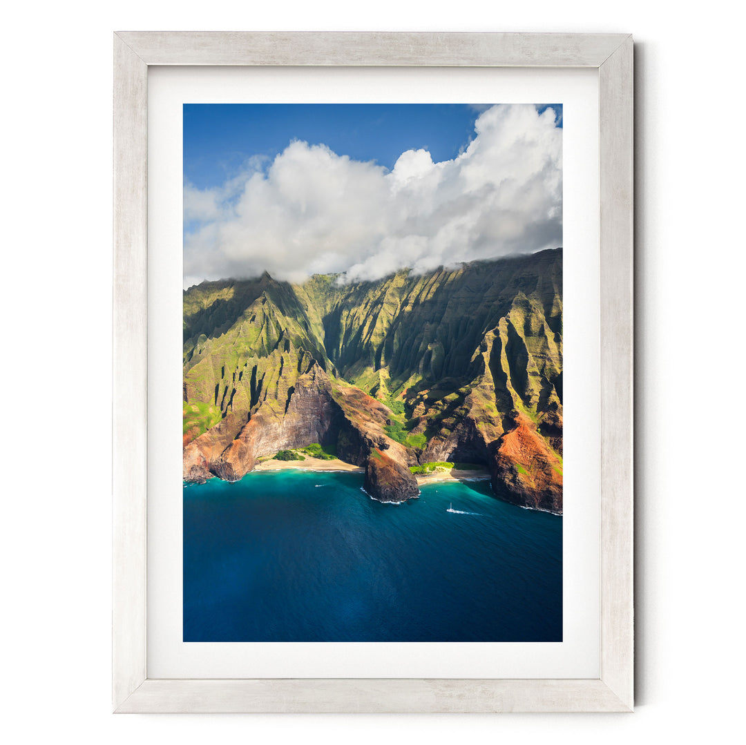 Kauai Cliffs II, Na Pali Coast, Hawaii print in a silver frame with white mat