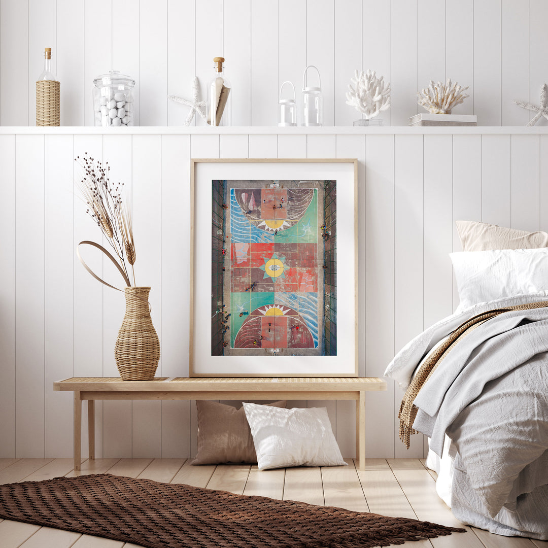Painted Basketball Court from Above, Brazil framed wall art in a home interior