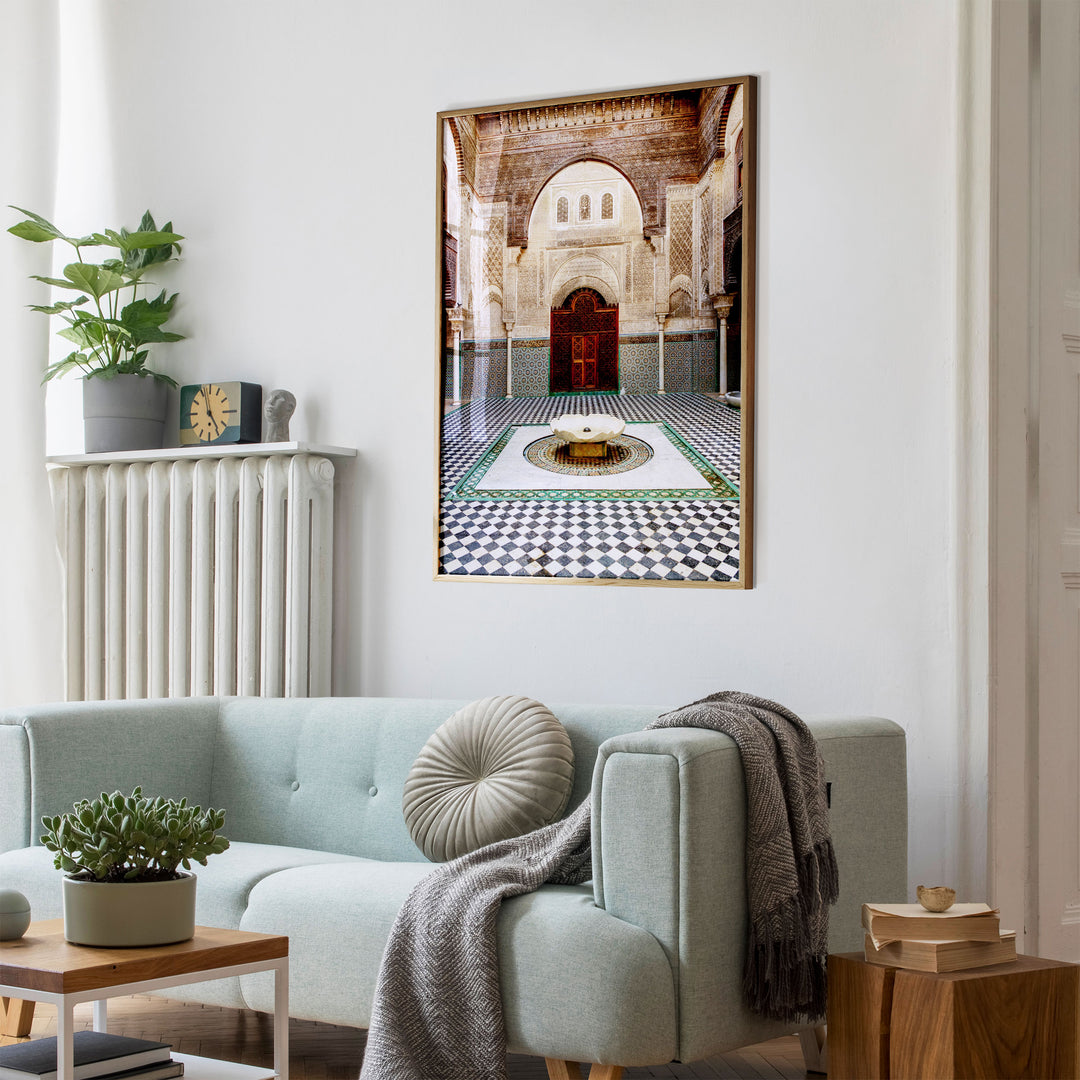 Madrasa Courtyard, Fes, Morocco wall art mockup in an interior