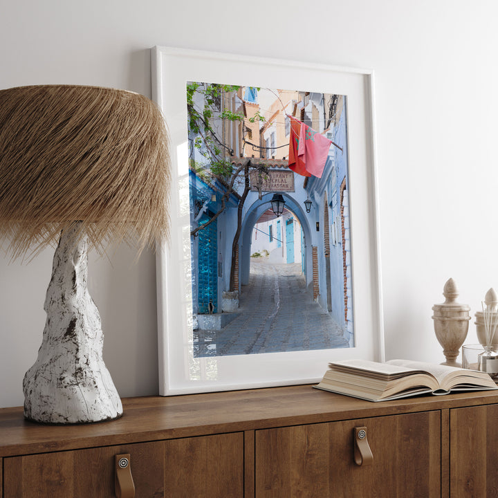 Moroccan Flag in the Blue City, Chefchaouen print displayed in a bedroom setting