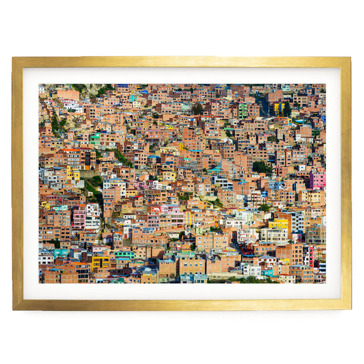 Colorful Houses of La Paz, Bolivia print in a gold frame with white mat