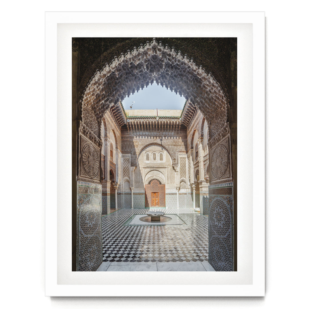 Ornate Madrasa Archway, Fes, Morocco print in a white frame with white mat