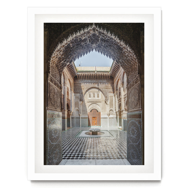Ornate Madrasa Archway, Fes, Morocco print in a white frame with white mat