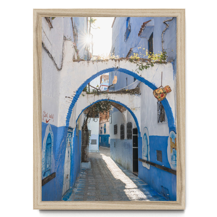 Blue Archways, Chefchaouen, Morocco print in a natural wood frame without mat