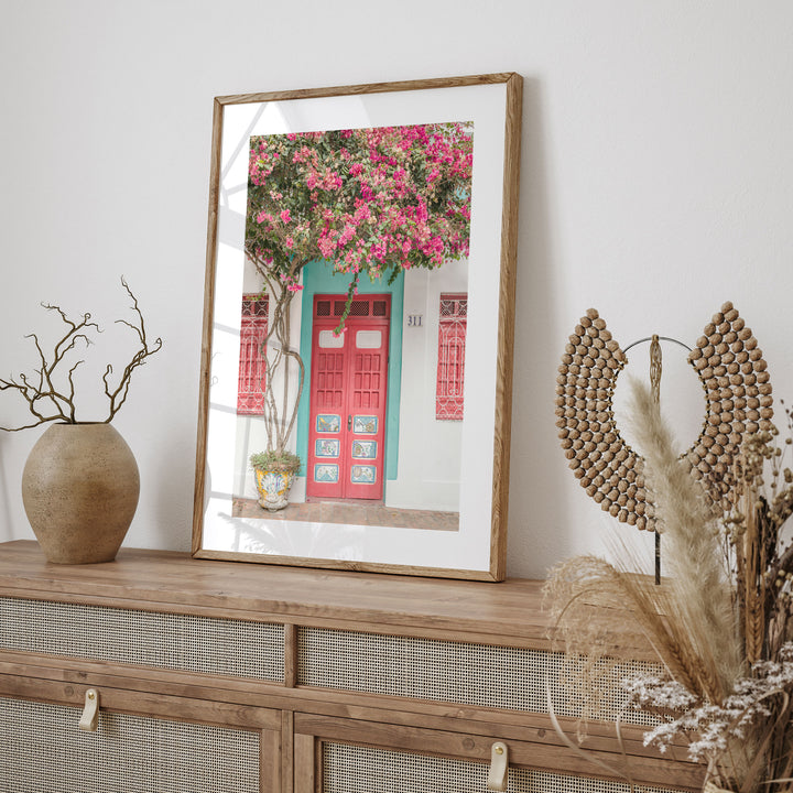 Bougainvillea and Red Door, Olinda, Brazil framed print styled on the wall
