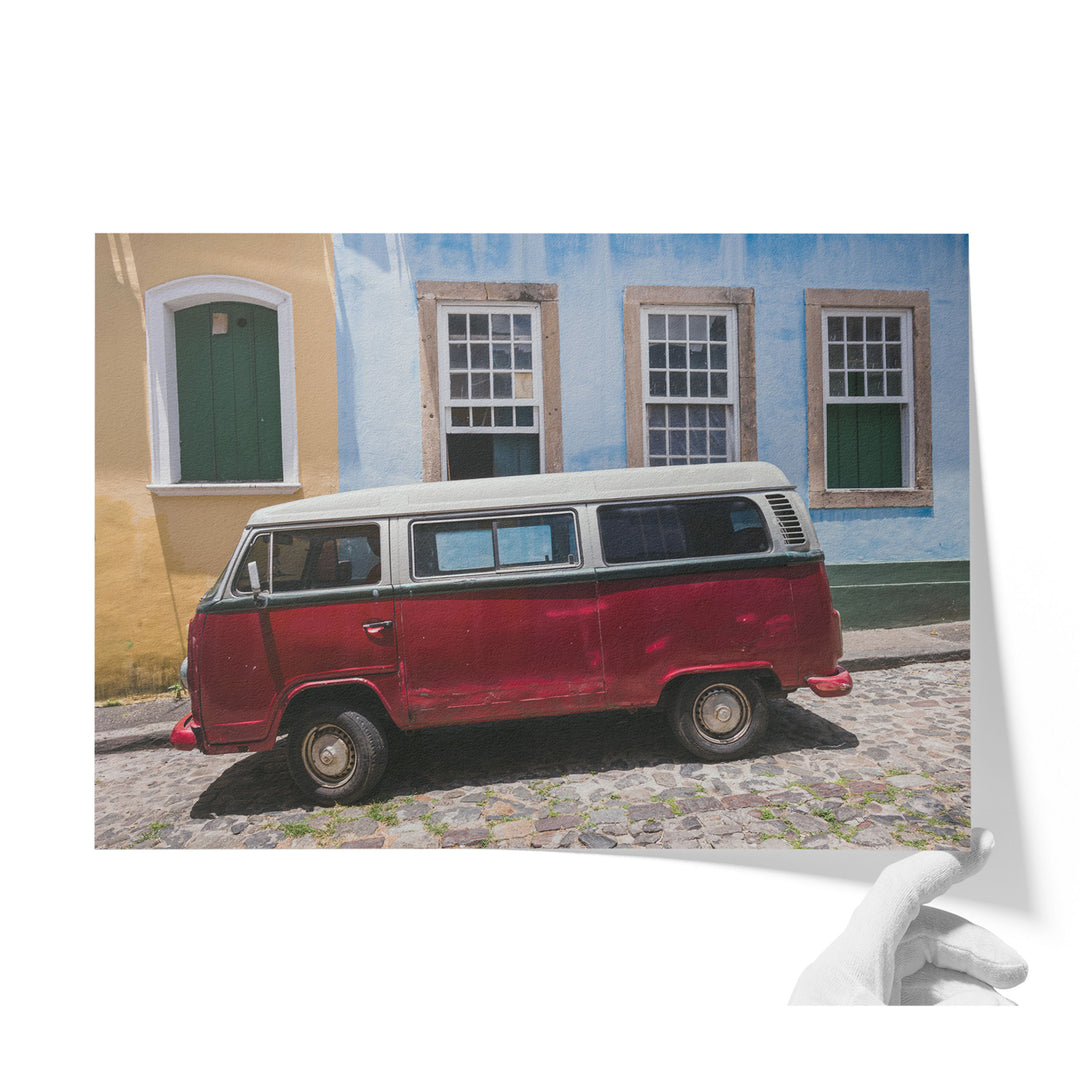 Red Kombi Van, Pelourinho, Salvador, Brazil unframed print on matte fine art paper