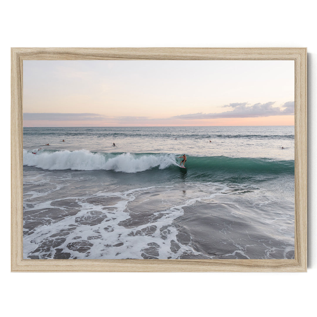 Riding the Wave at Sunset II, Costa Rica print in a natural wood frame without mat