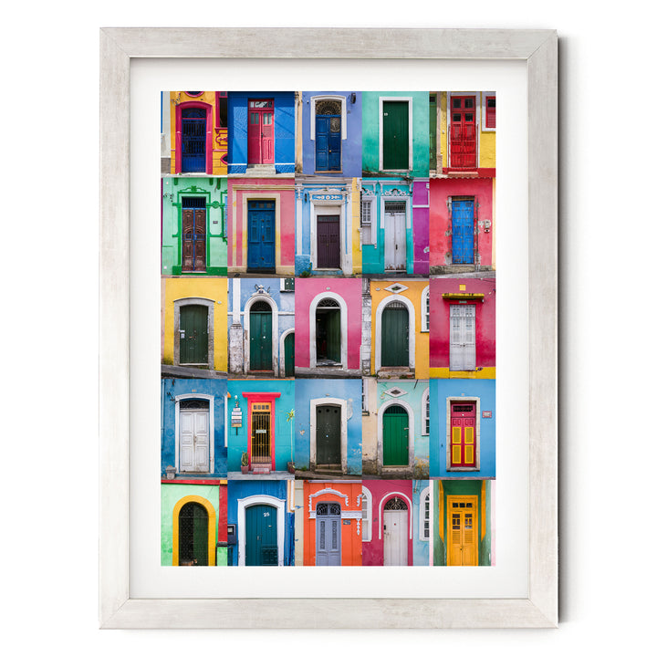 Colorful Doors of Brazil I print in a silver frame with white mat