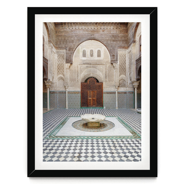 Madrasa Courtyard, Fes, Morocco print in a black frame with white mat