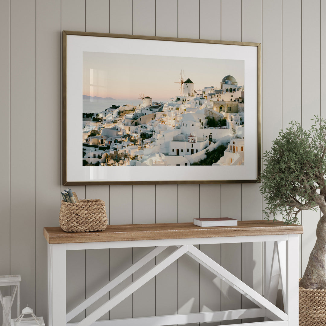 Sunset in Oia IV, Santorini, Greece framed wall art in a home interior