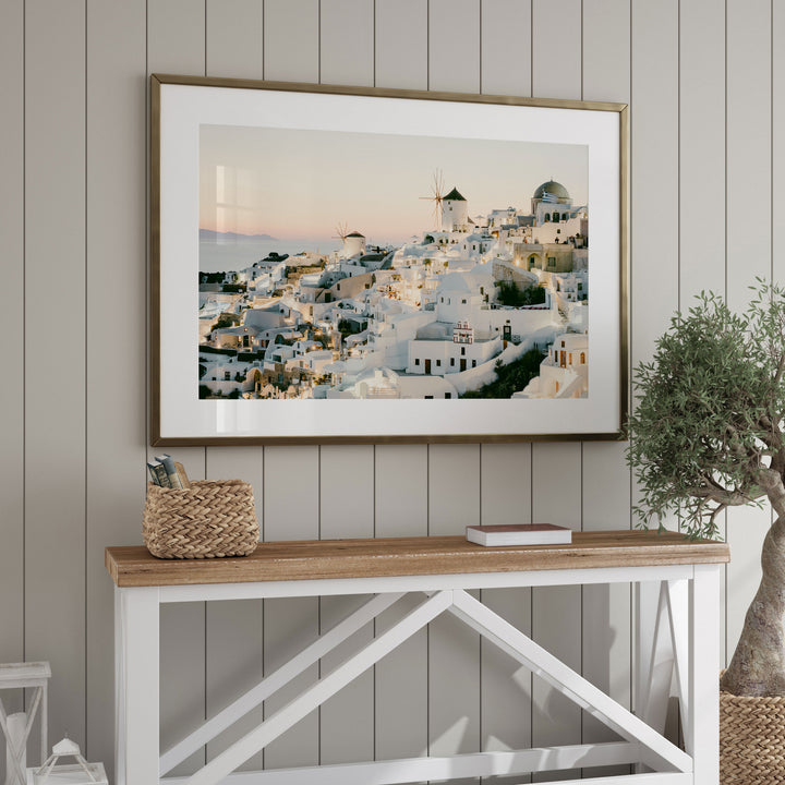 Sunset in Oia IV, Santorini, Greece framed wall art in a home interior