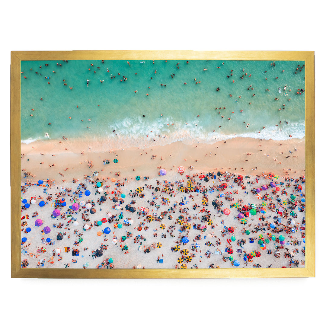 Beach Umbrellas from Above, Ipanema, Rio de Janeiro, Brazil print in a gold frame without mat