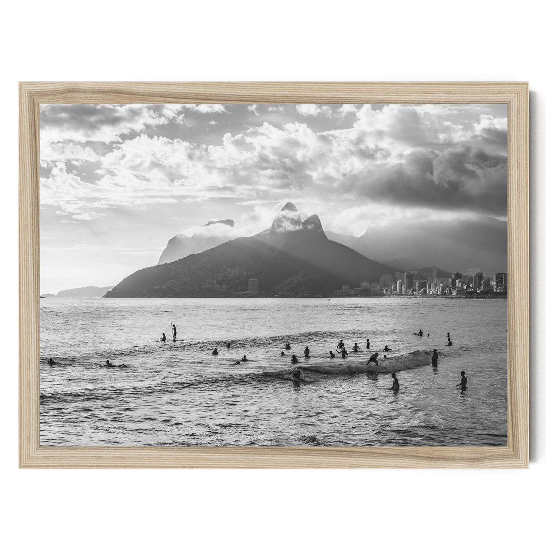 Sunlight over Ipanema, Rio de Janeiro, Brazil – B&amp;W print in a natural wood frame without mat