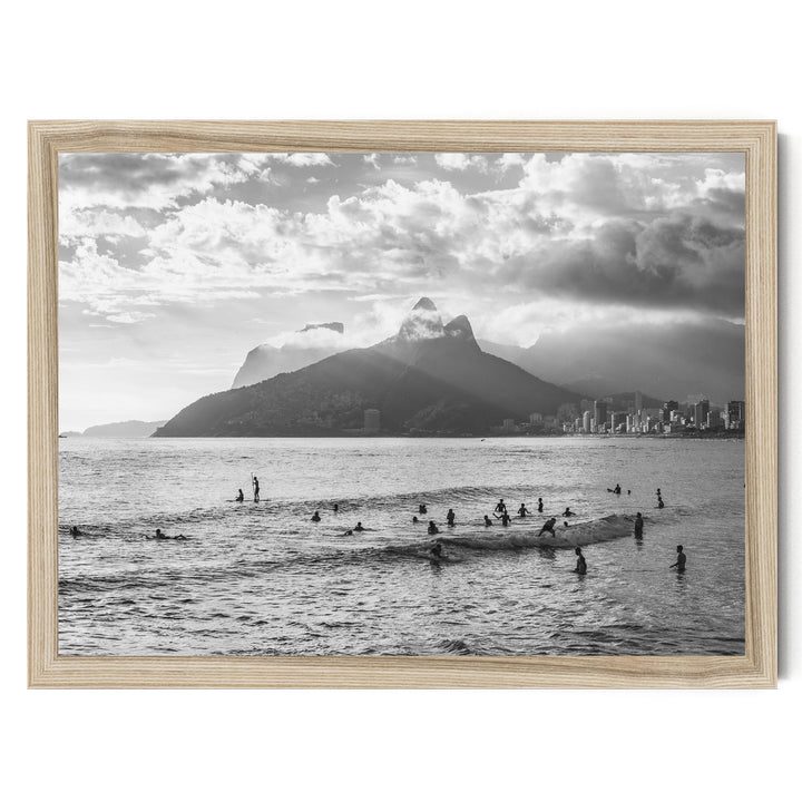 Sunlight over Ipanema, Rio de Janeiro, Brazil – B&amp;W print in a natural wood frame without mat