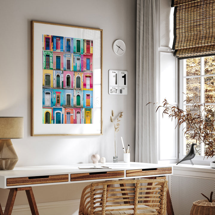 Colorful Doors of Brazil I framed print hanging in a styled interior