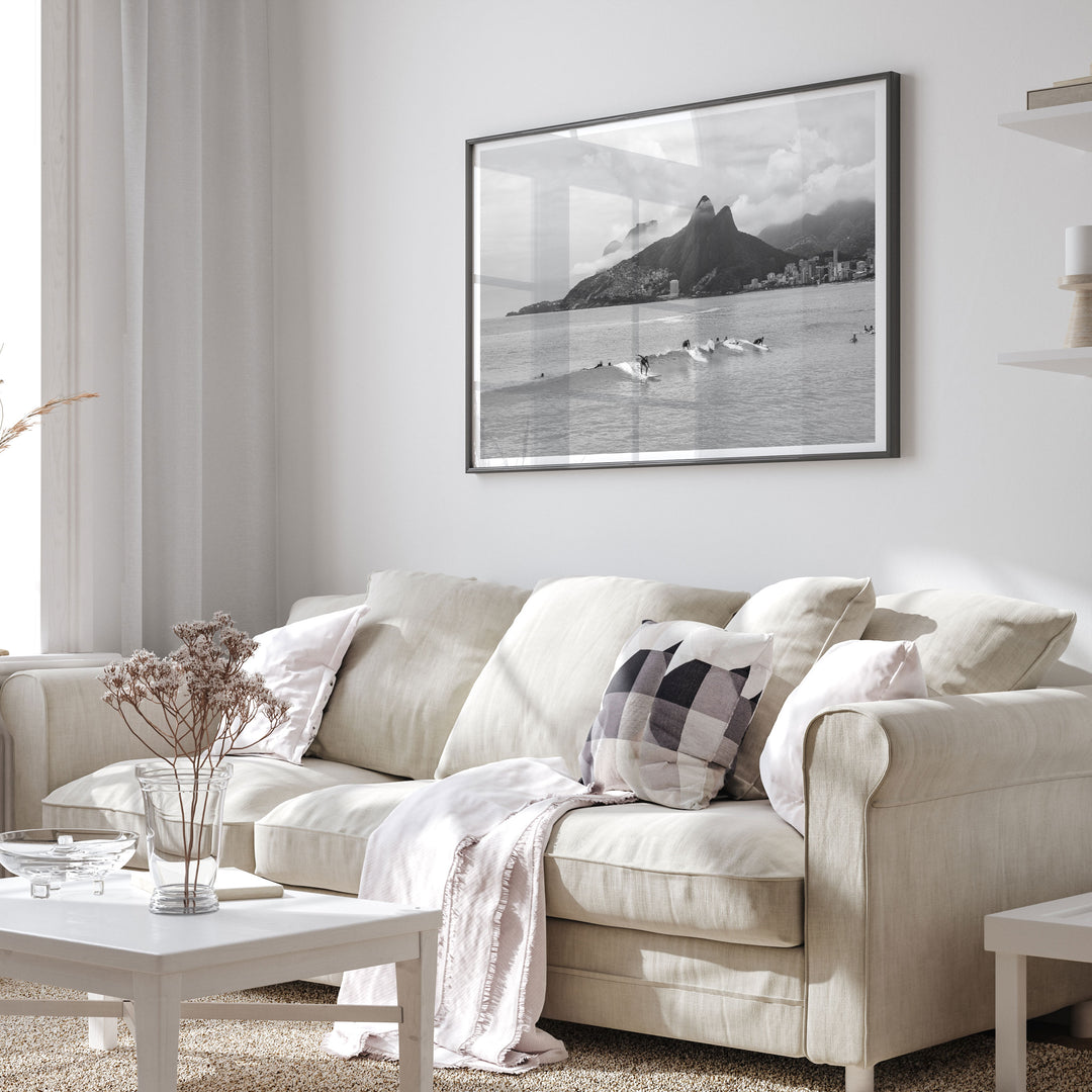 Surfers at Ipanema, Rio de Janeiro, Brazil – B&amp;W wall art displayed in a room setting