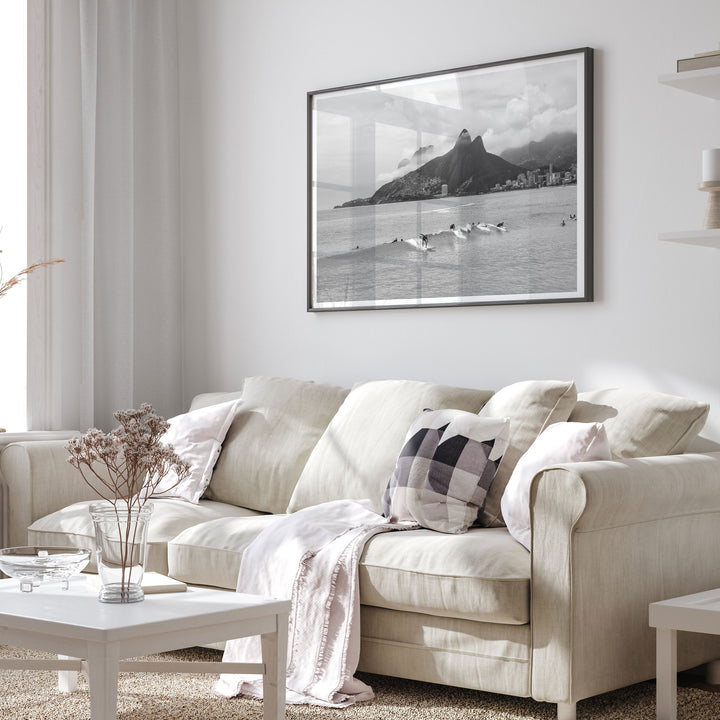Surfers at Ipanema, Rio de Janeiro, Brazil – B&amp;W wall art displayed in a room setting