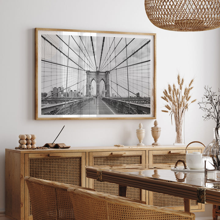 Brooklyn Bridge Walkway, New York City – B&amp;W framed print hanging in a styled interior