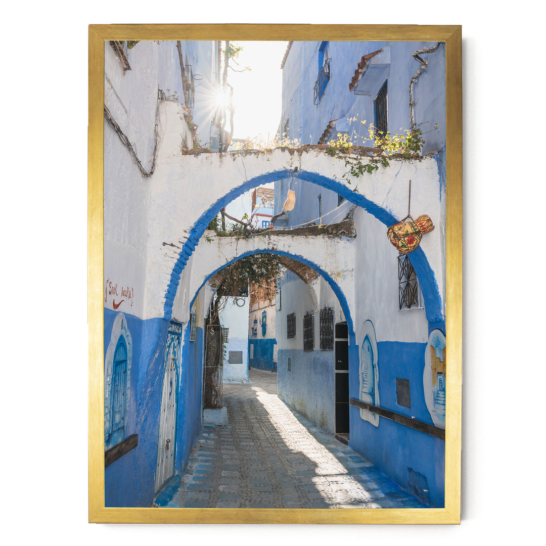 Blue Archways, Chefchaouen, Morocco print in a gold frame without mat