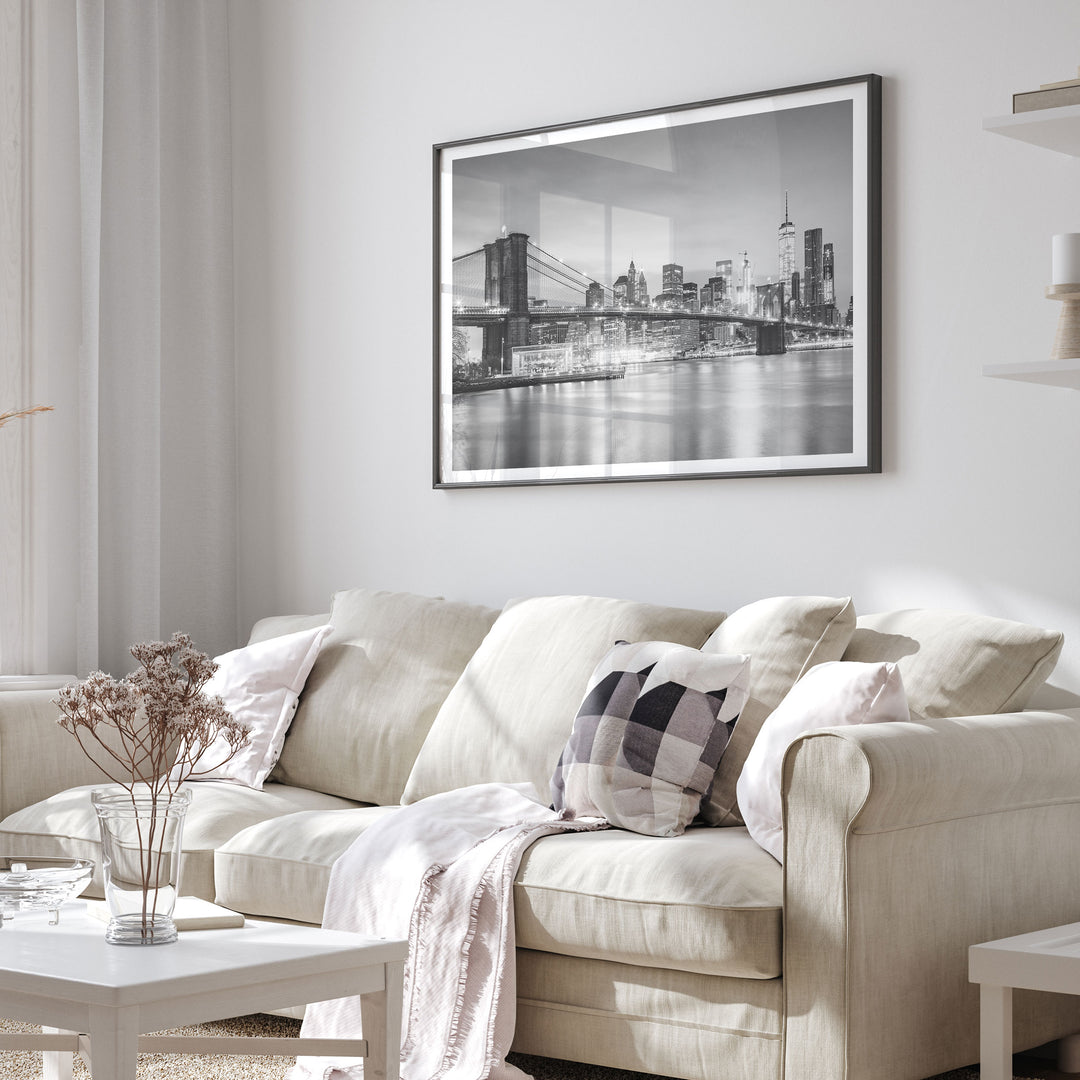 Brooklyn Bridge and Skyline at Dusk, New York City – B&amp;W framed print in a living room setting