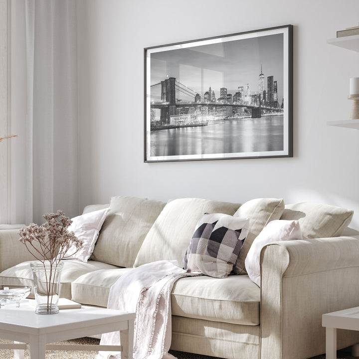 Brooklyn Bridge and Skyline at Dusk, New York City – B&amp;W framed print in a living room setting