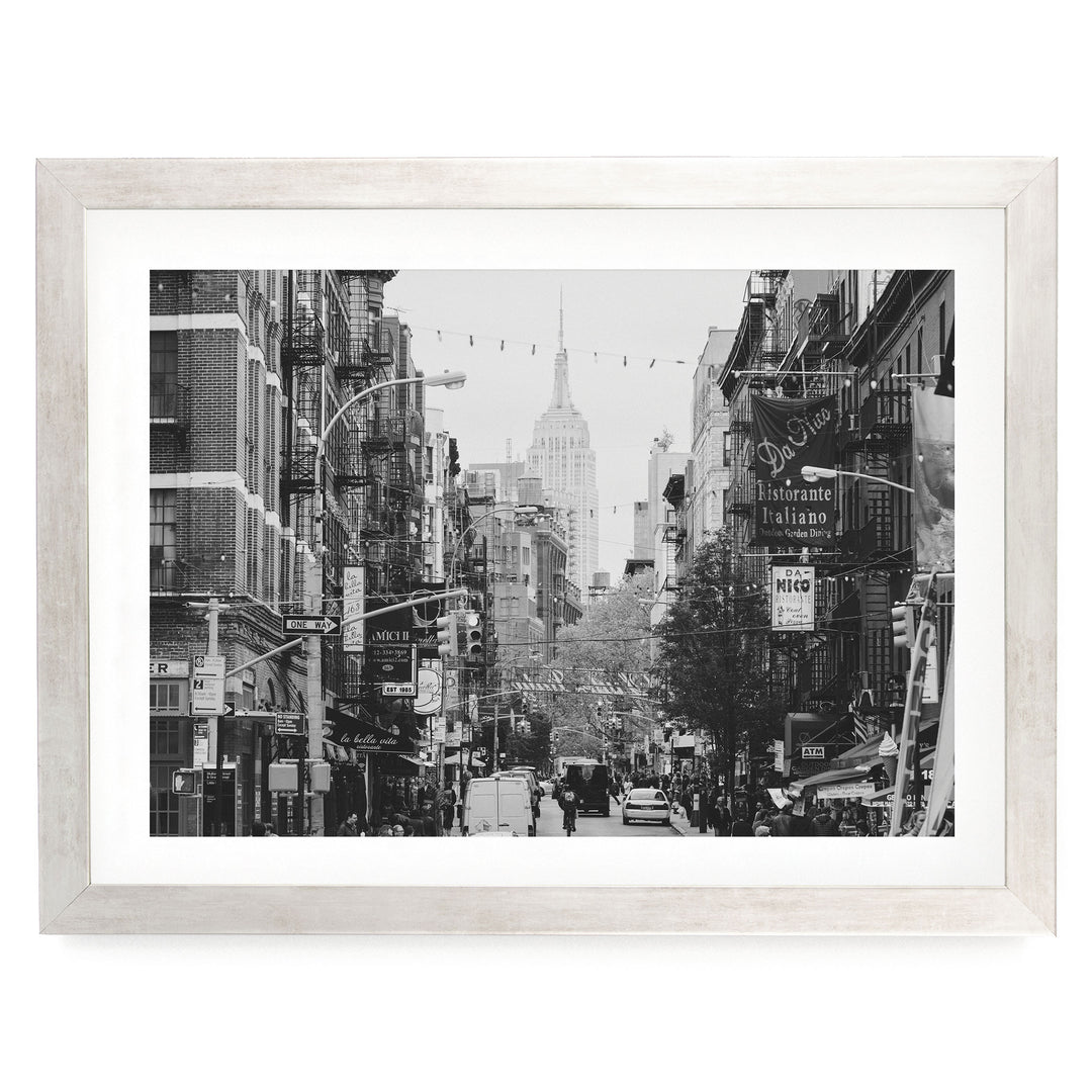Little Italy and Empire State Building, New York City – B&amp;W print in a silver frame with white mat