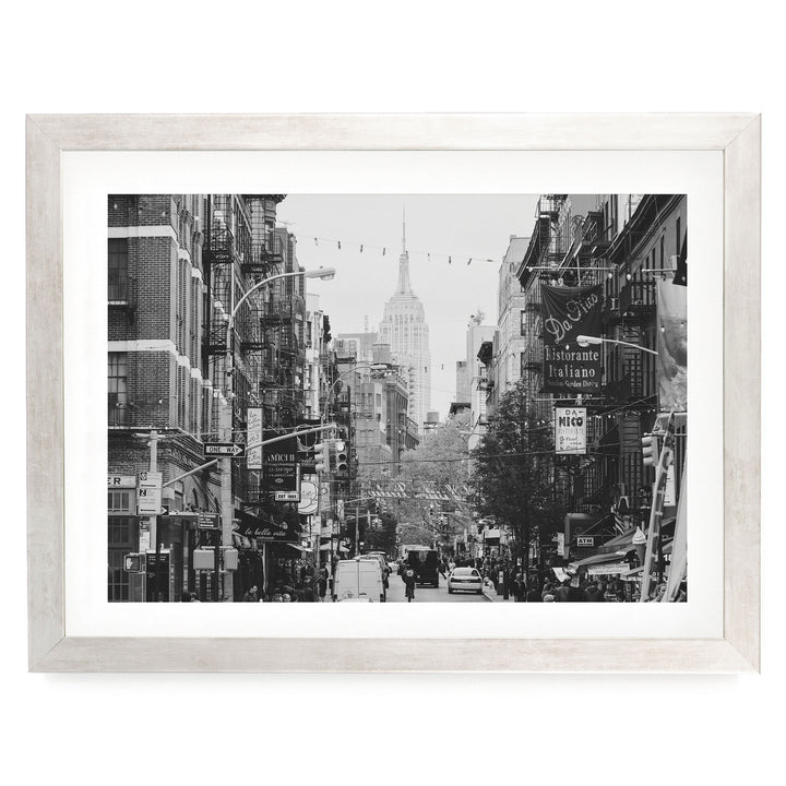 Little Italy and Empire State Building, New York City – B&amp;W print in a silver frame with white mat