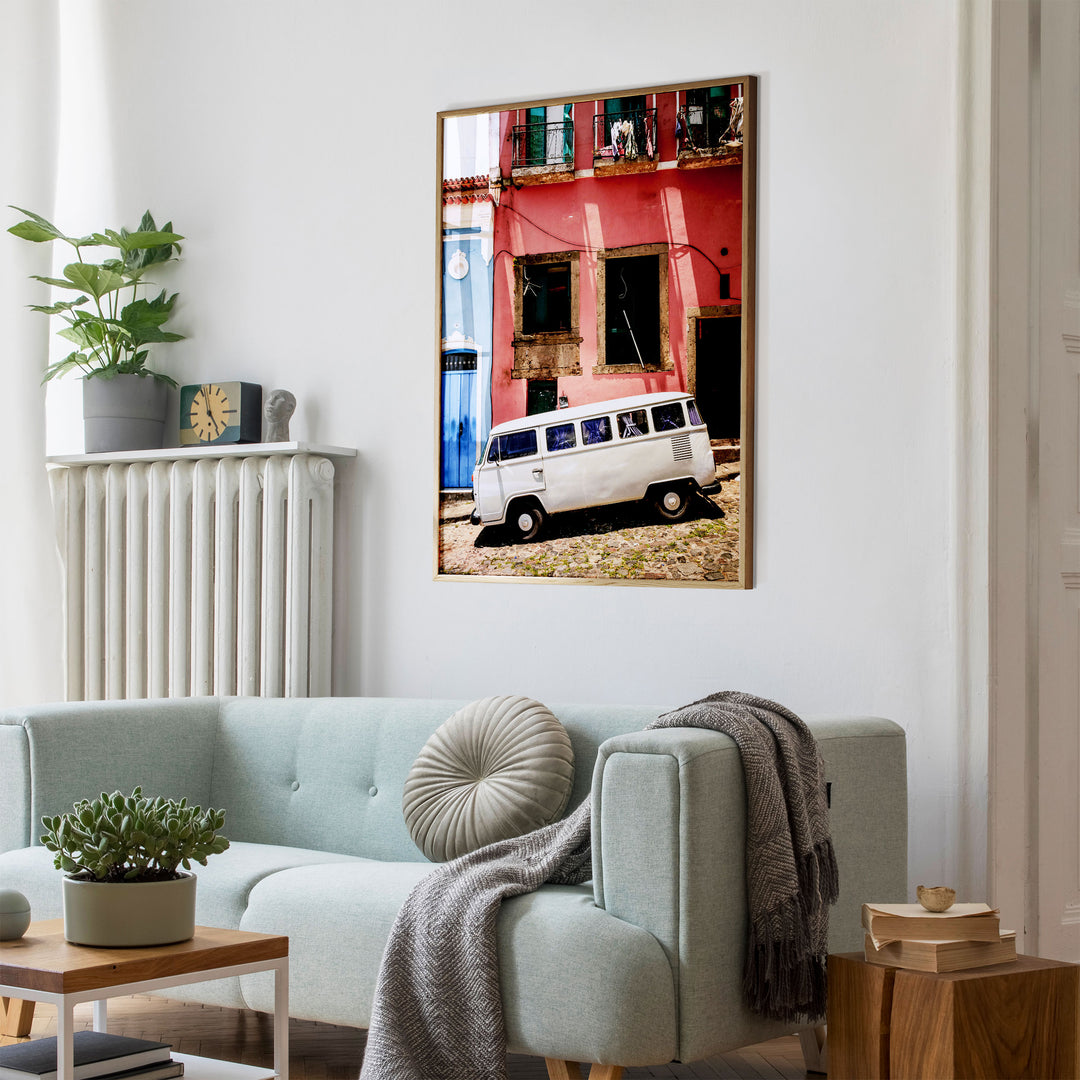 White Kombi Van, Pelourinho, Salvador, Brazil wall art mockup in an interior