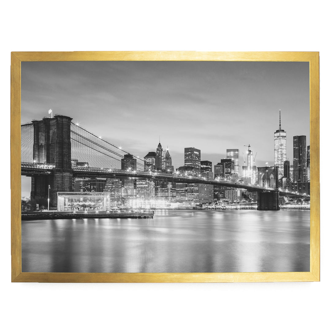 Brooklyn Bridge and Skyline at Dusk, New York City – B&amp;W print in a gold frame without mat
