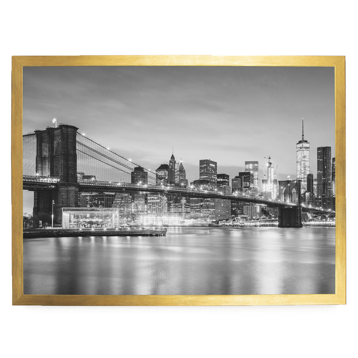 Brooklyn Bridge and Skyline at Dusk, New York City – B&amp;W print in a gold frame without mat