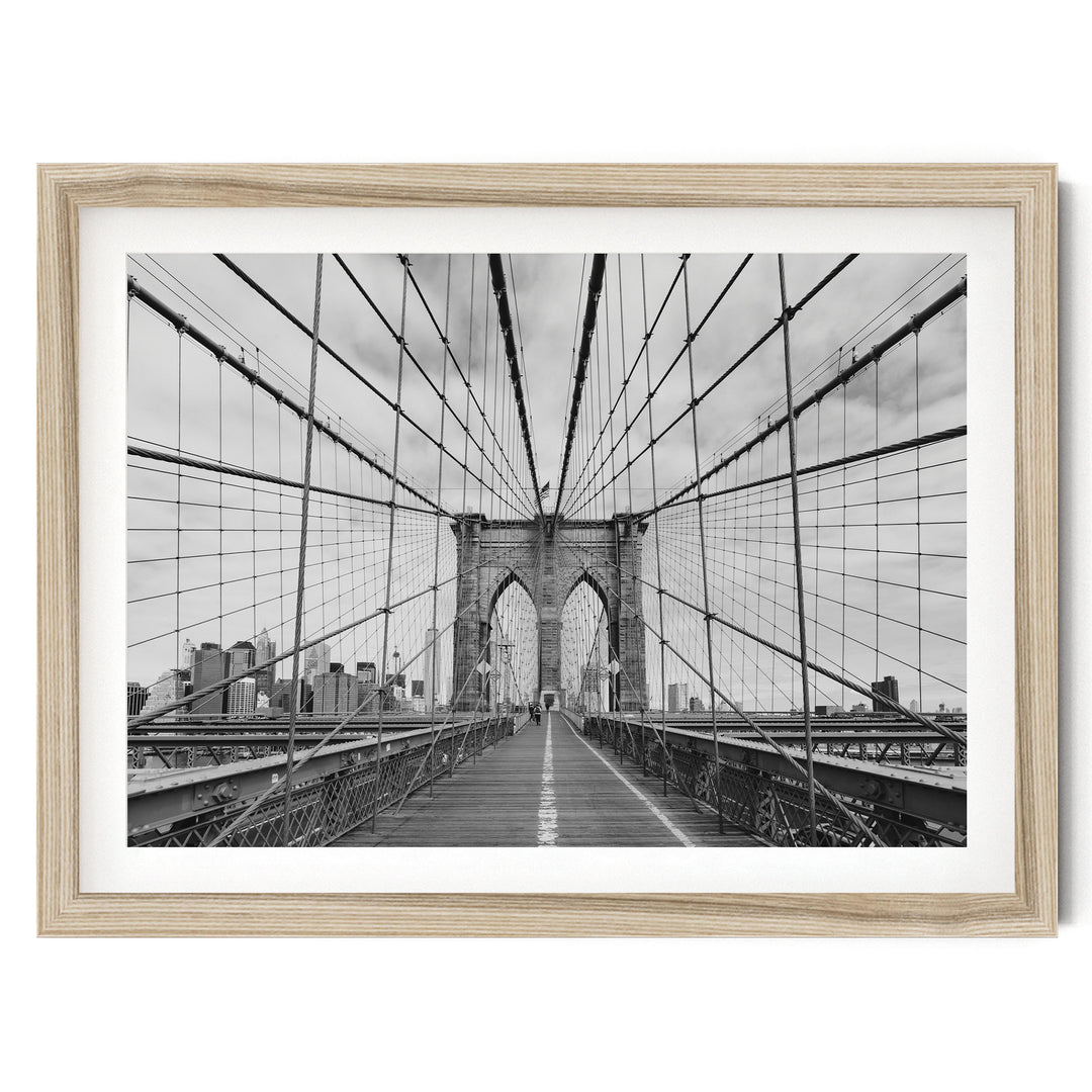 Brooklyn Bridge Walkway, New York City – B&W fine art print in a natural wood frame with white mat