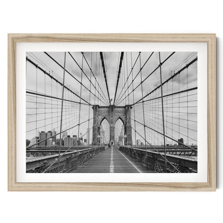 Brooklyn Bridge Walkway, New York City – B&amp;W fine art print in a natural wood frame with white mat