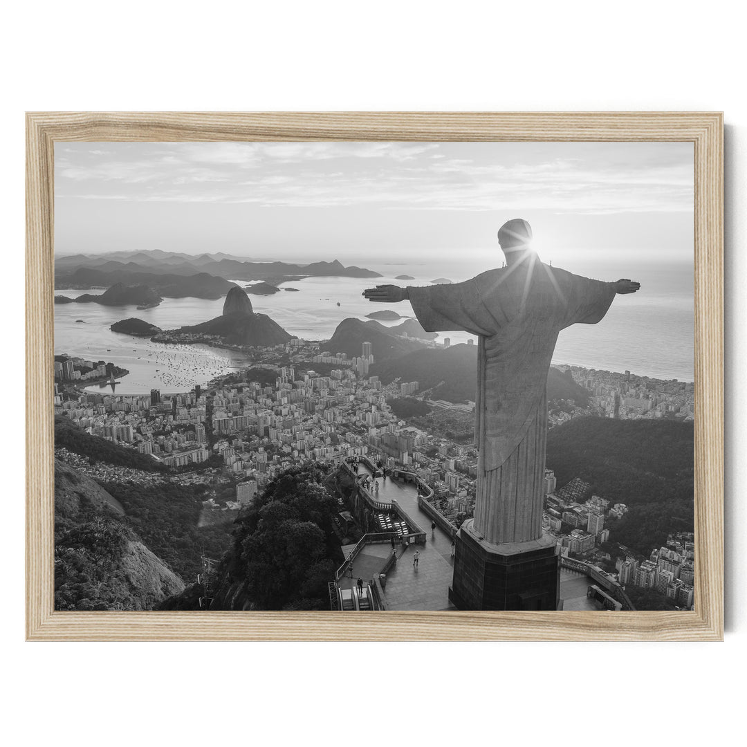 Christ the Redeemer, Rio de Janeiro, Brazil – B&amp;W print in a natural wood frame without mat