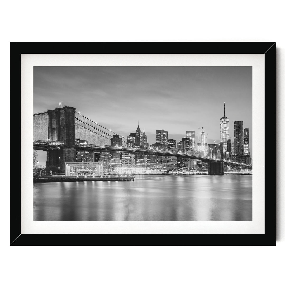 Brooklyn Bridge and Skyline at Dusk, New York City – B&amp;W print in a black frame with white mat