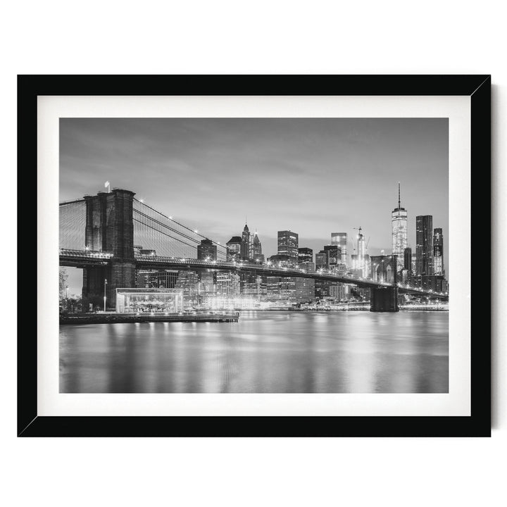 Brooklyn Bridge and Skyline at Dusk, New York City – B&amp;W print in a black frame with white mat